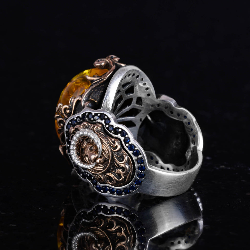 Honey Amber Artificial Stone Ring | Stylish Handcrafted 925 Sterling Silver Men's Ring — 6