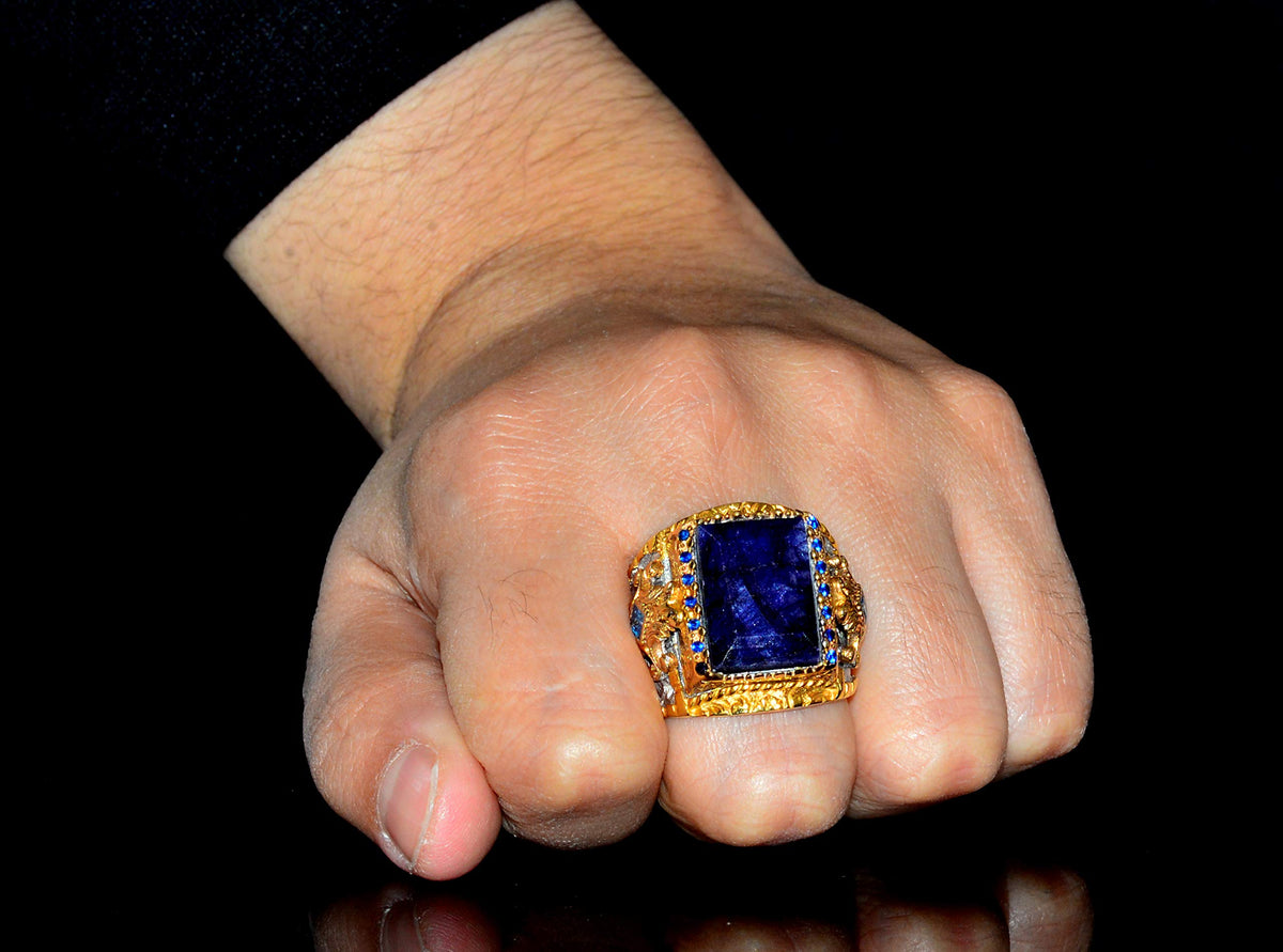 925 Sterling Silver Men's Ring, King Ring, Natural Sapphire Rectangular Gemstone — 7