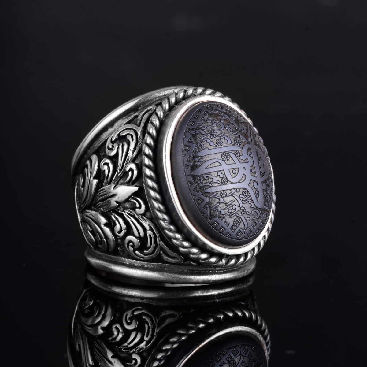 KAMBO Natural Hematite Men's Large Ring - Quran Tugra Design 925 Sterling Silver Islamic Ring - Handmade Ottoman Style Muslim Jewelry — 6