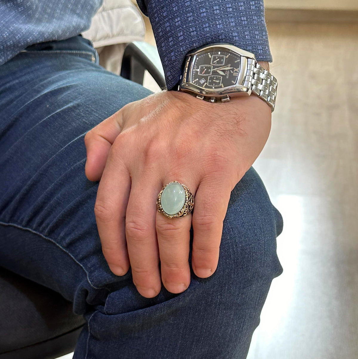 Nautical Rope Silver Ring, Natural Stone Ring, 925 Sterling Silver Ring (Cabochon Aquamarine) — 3