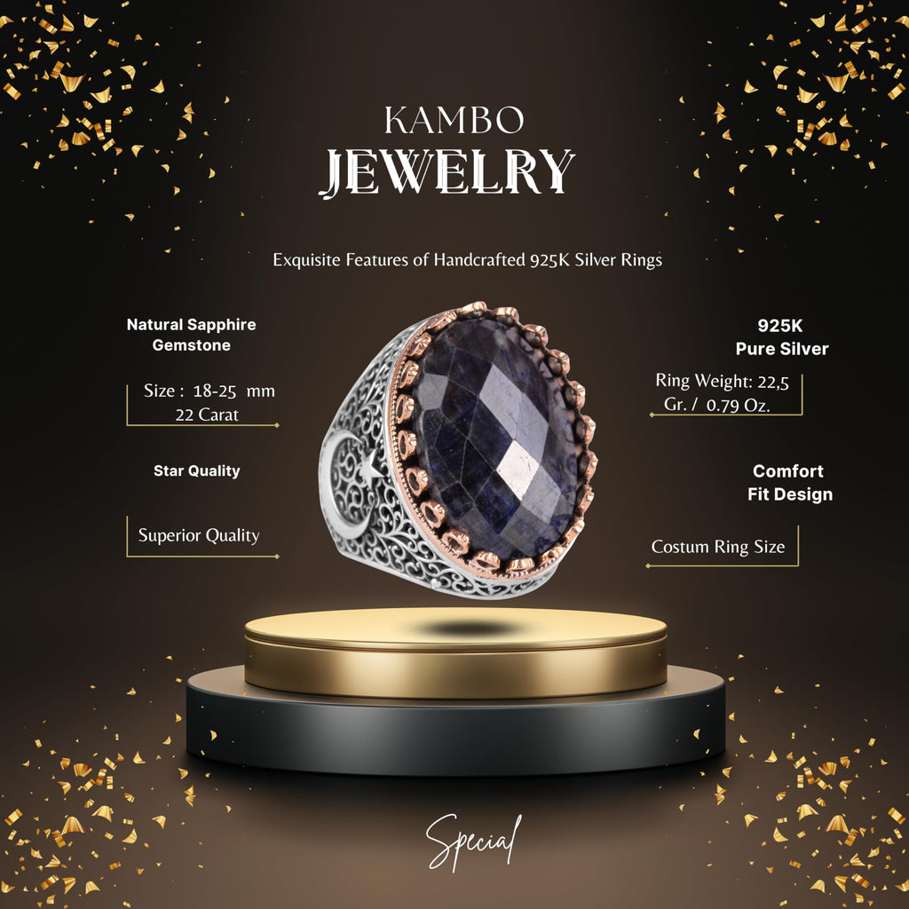 KAMBO 925 Sterling Silver Men's Natural Stone Ring - Moon and Star Design - Handmade Vintage Jewelry (Sapphire) — 3