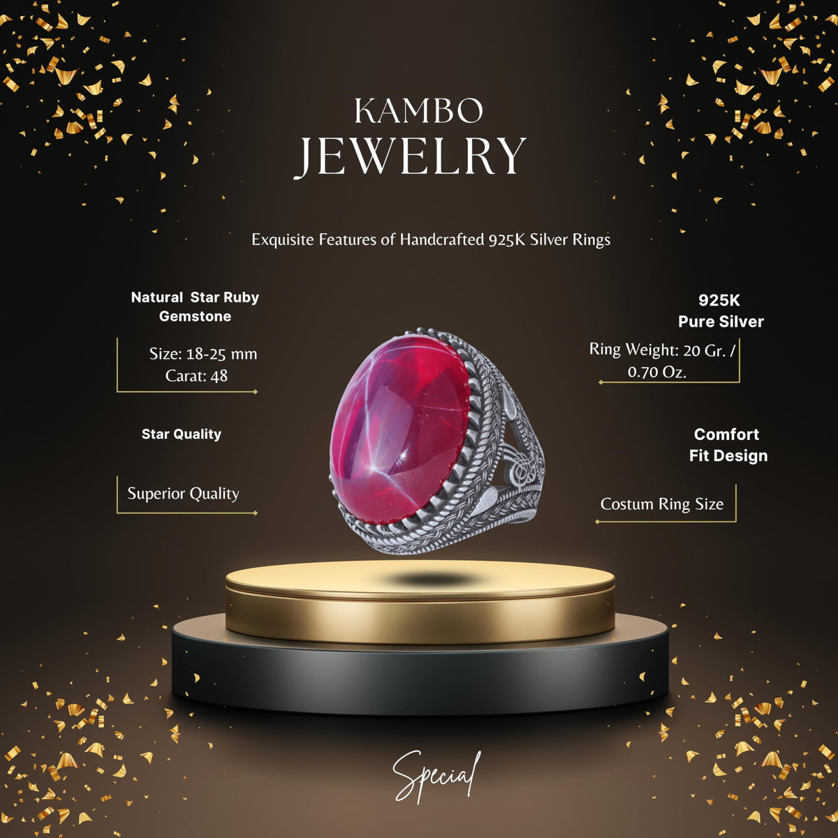 KAMBO Natural Star Ruby Stone Ring for Men 925 Sterling Silver Ottoman Tugra Handmade Statement Ring Asterism Ruby — 2