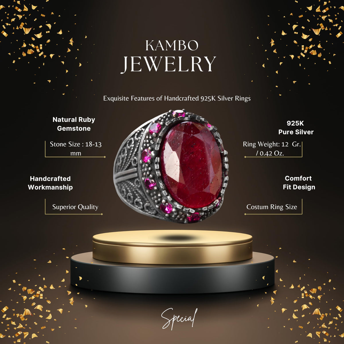 Handmade Silver Men's Ring | Natural Ruby Stone | Sultan Ring - Bold and Majestic Design — 2