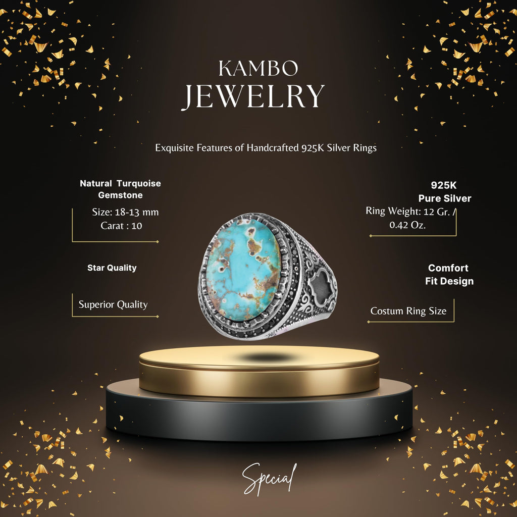 KAMBO Turquoise Stone Men's Ring 925 Sterling Silver – Natural Turquoise Statement Ring – Vintage Ottoman Style Handmade Men's Ring (Turquoise) — 2