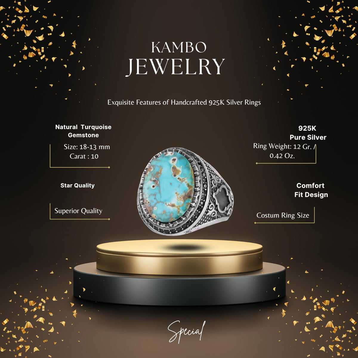 KAMBO Turquoise Stone Men's Ring 925 Sterling Silver – Natural Turquoise Statement Ring – Vintage Ottoman Style Handmade Men's Ring (Turquoise) — 2