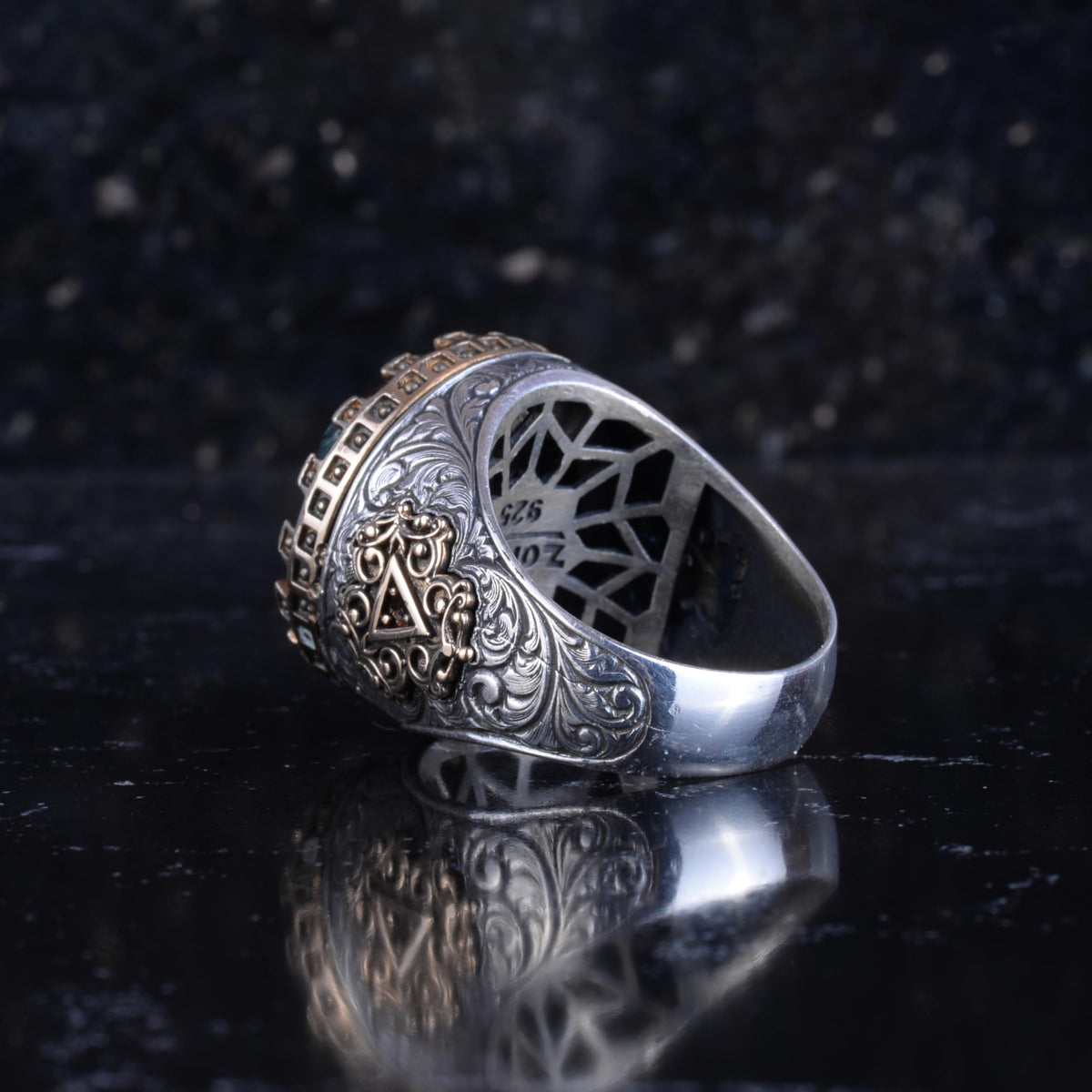KAMBO 925 Sterling Silver World Map Designed Men's Ring Bronze Details Handmade Green Stone Statement Ring — 7