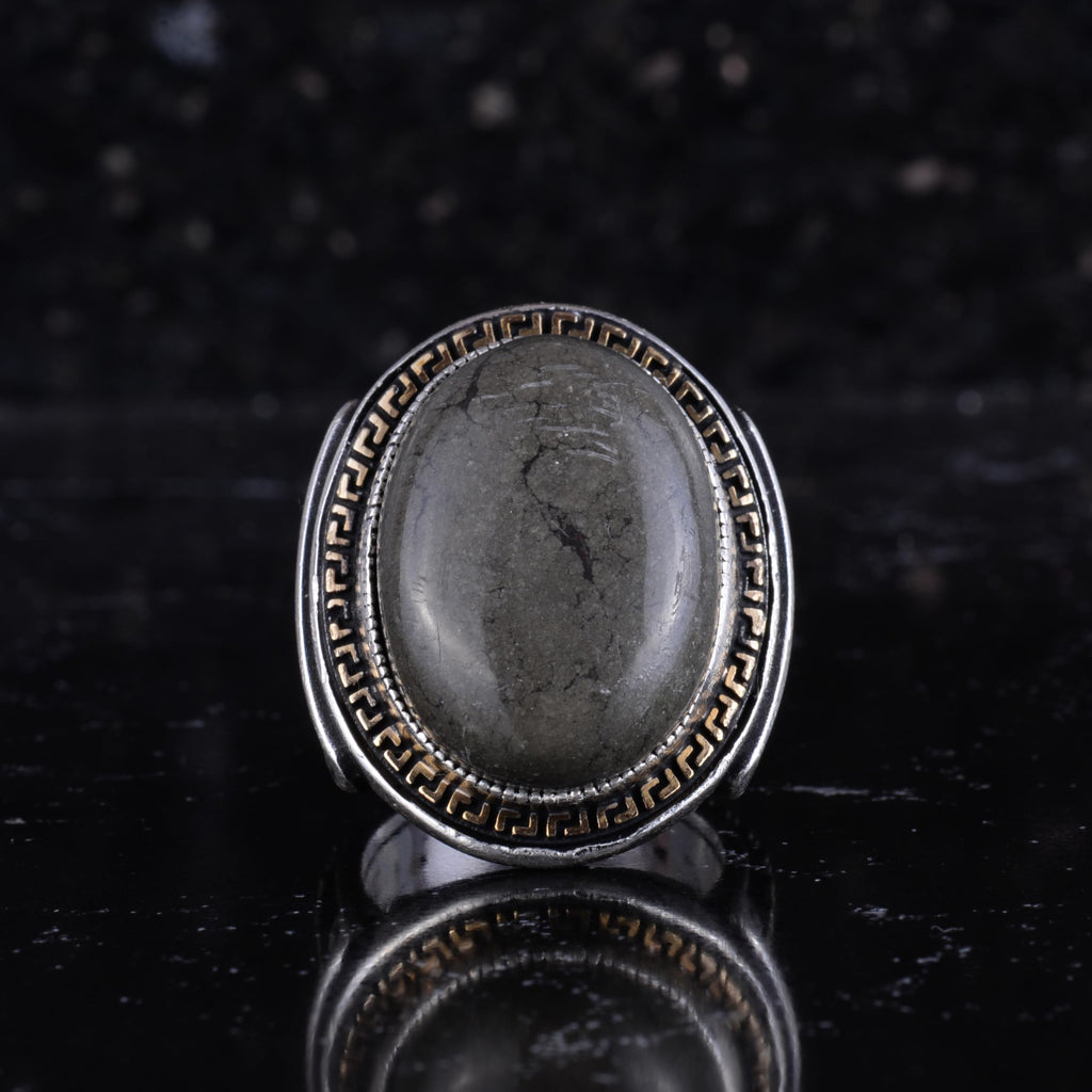 KAMBO Men's Genuine Natural Stone Ring – 925 Sterling Silver Large Statement Ring – Handmade Vintage Design – Dark Silver Ring (Pyrite) — 4