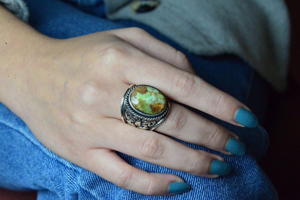 Turquoise Stone Ring, 925 Sterling Silver Handmade Dragon Scale Design — 7