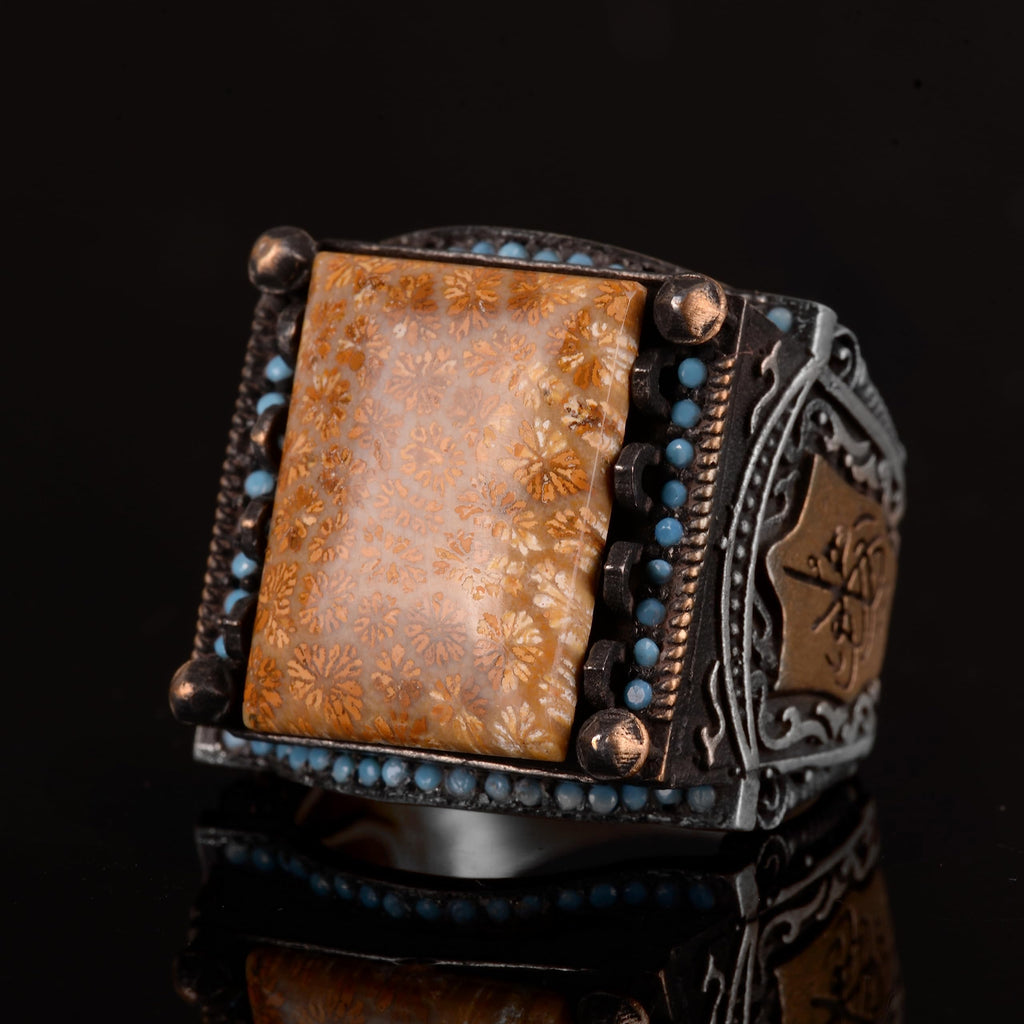 Natural Coral Stone Men's Ring - 925 Sterling Silver Handmade Ring — 3