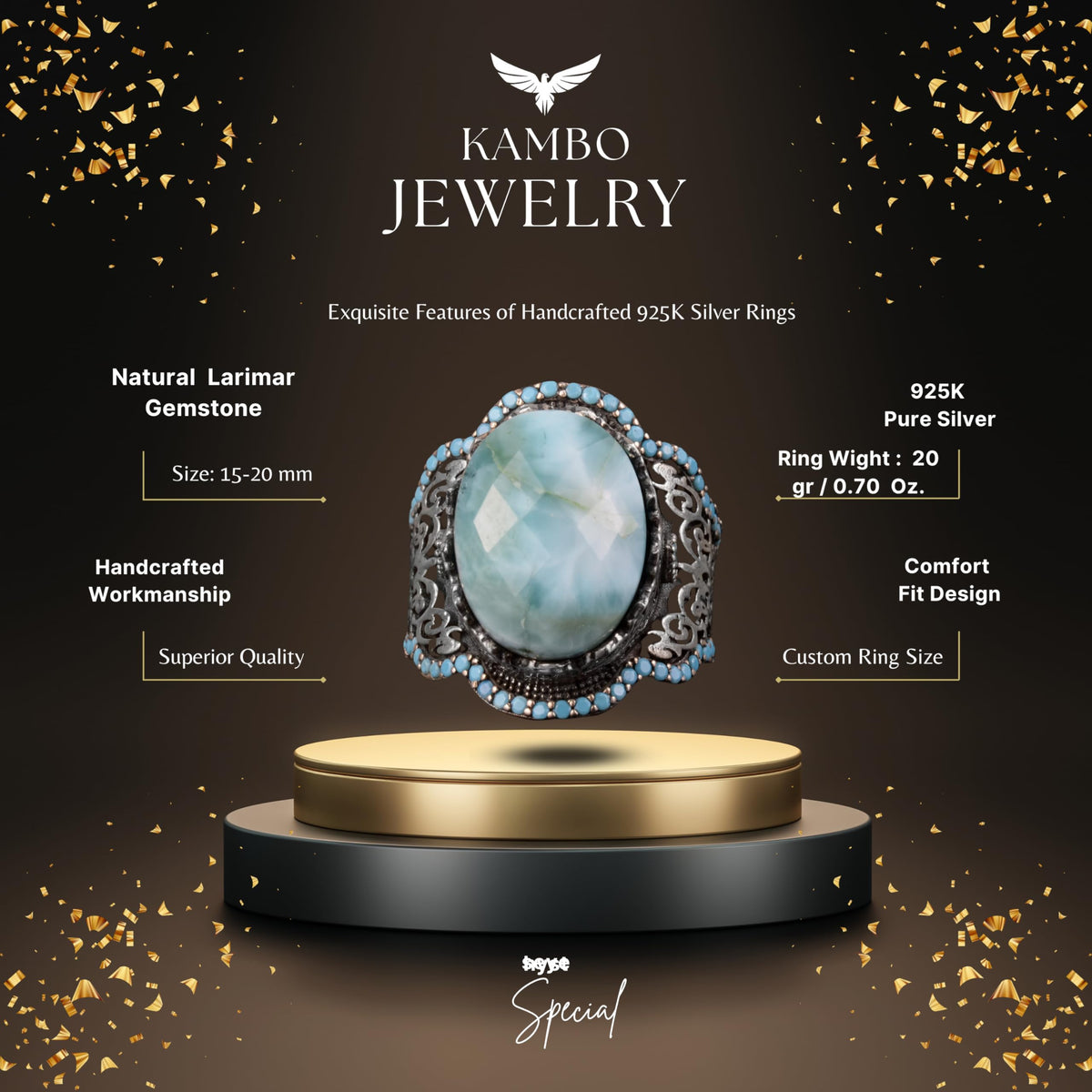 Handmade 925 Sterling Silver Men's Ring - Natural Stone Design (Larimar) — 2