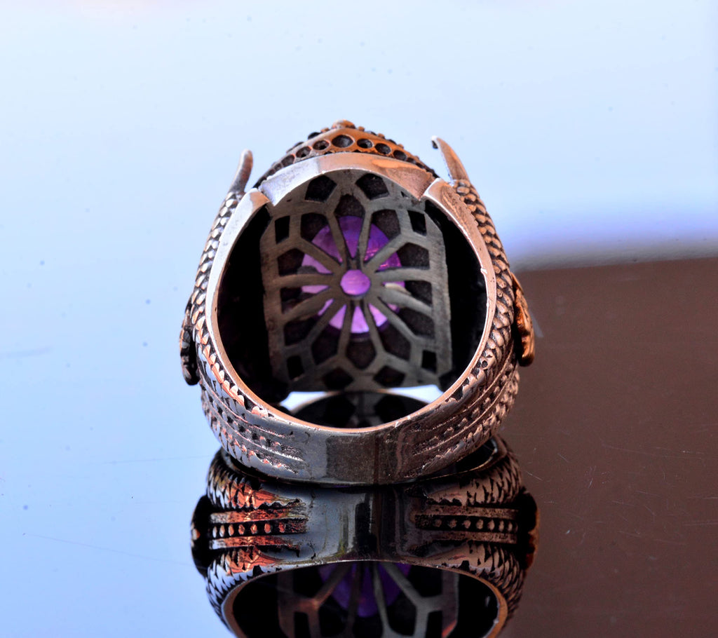 Natural Amethyst Stone Ring - Silver Men's Hawk Claw Ring — 8