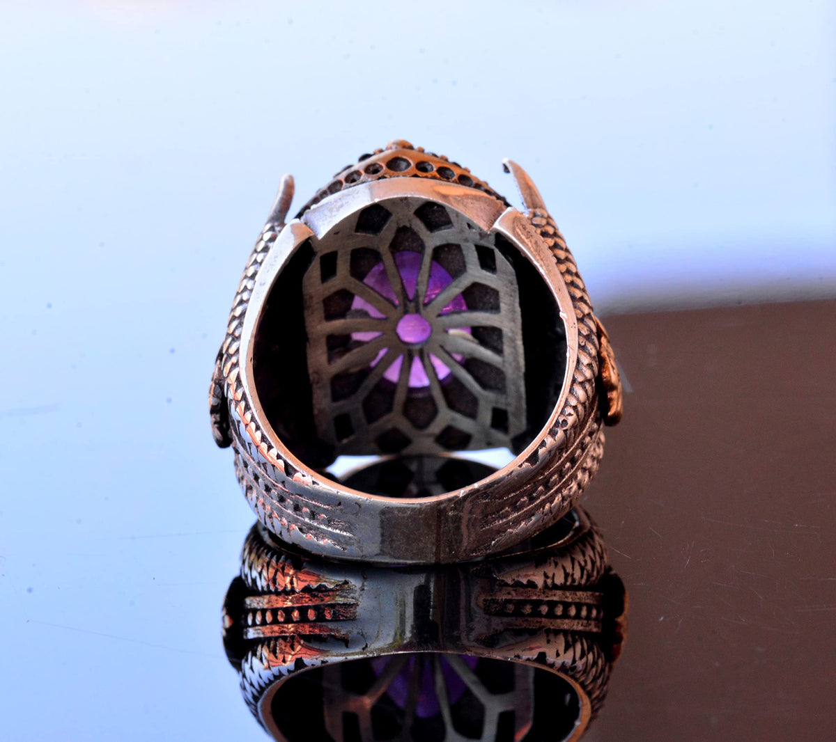 Natural Amethyst Stone Ring - Silver Men's Hawk Claw Ring — 8