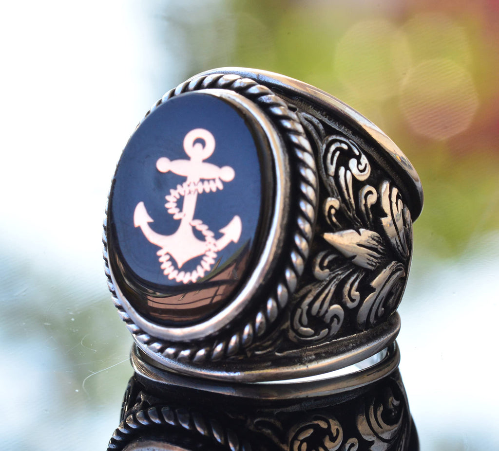 925 Sterling Silver Large Men's Ring with Lily Pattern - Ship Anchor Nautical Ring — 3