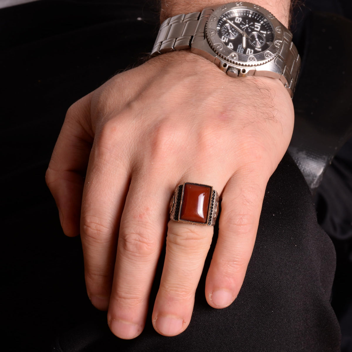 925 Sterling Silver Ring, Artificial Agate Stone Ring, Tughra Ring — 3