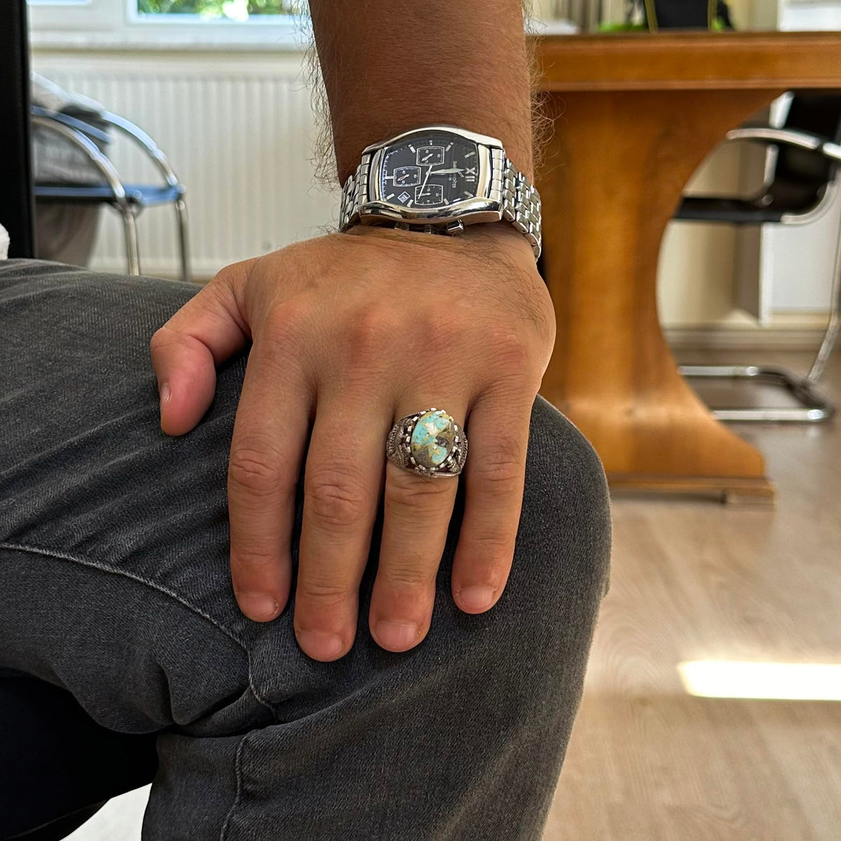 Natural Arizona Turquoise Stone Ring, 925 Sterling Silver Ring (Model-4) — 3