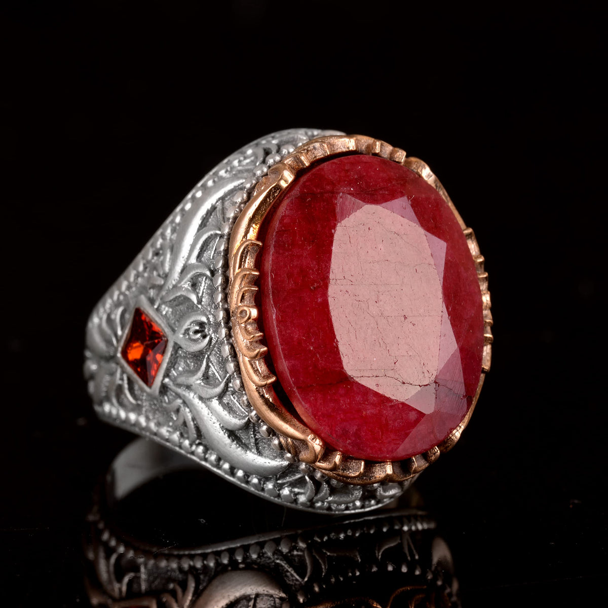 925 Sterling Silver Men's Ring, Natural Ruby Stone Ring — 3