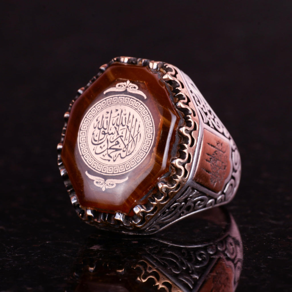 925 Sterling Silver Men's Ring - Amber Stone Islamic Design — 5