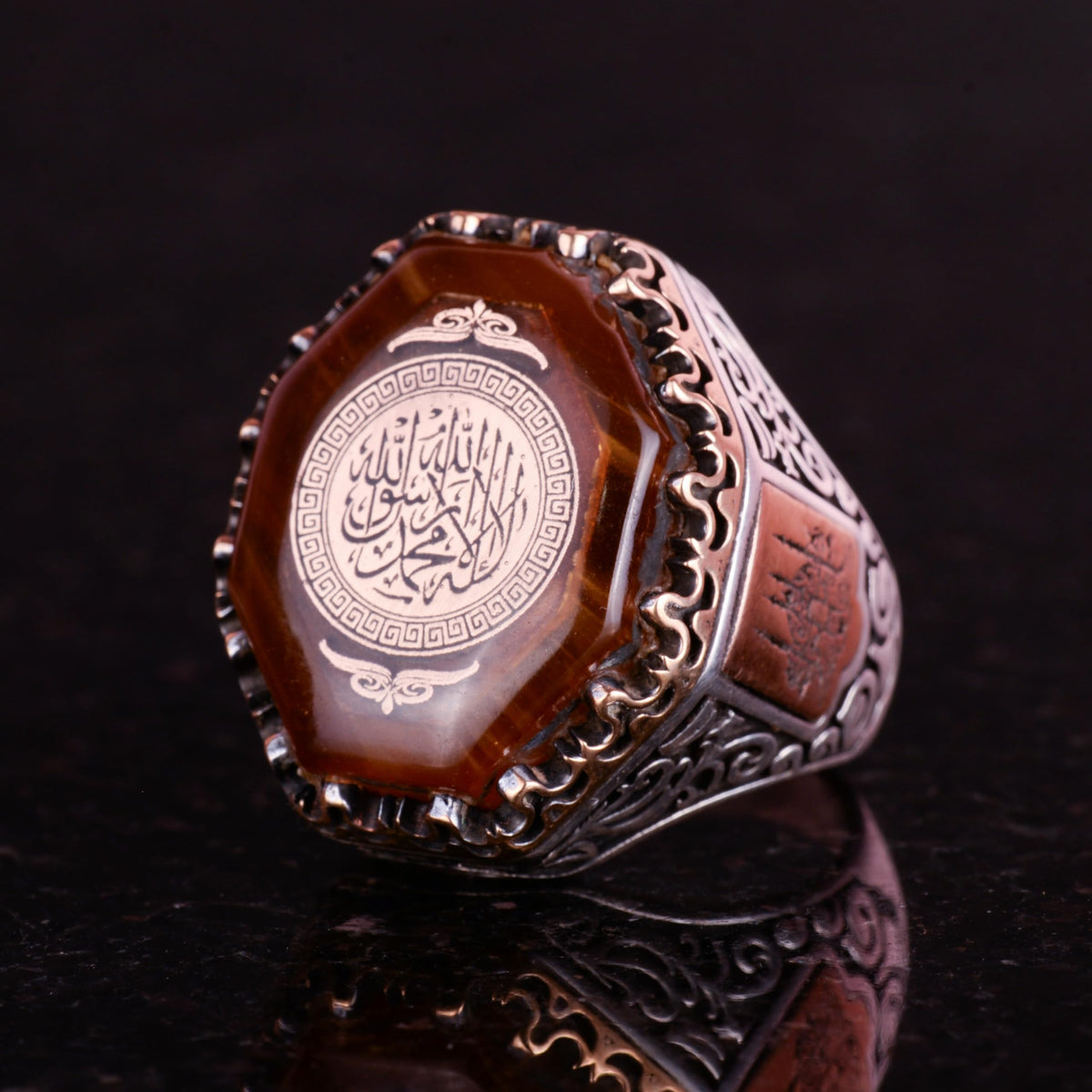 925 Sterling Silver Men's Ring - Amber Stone Islamic Design — 5
