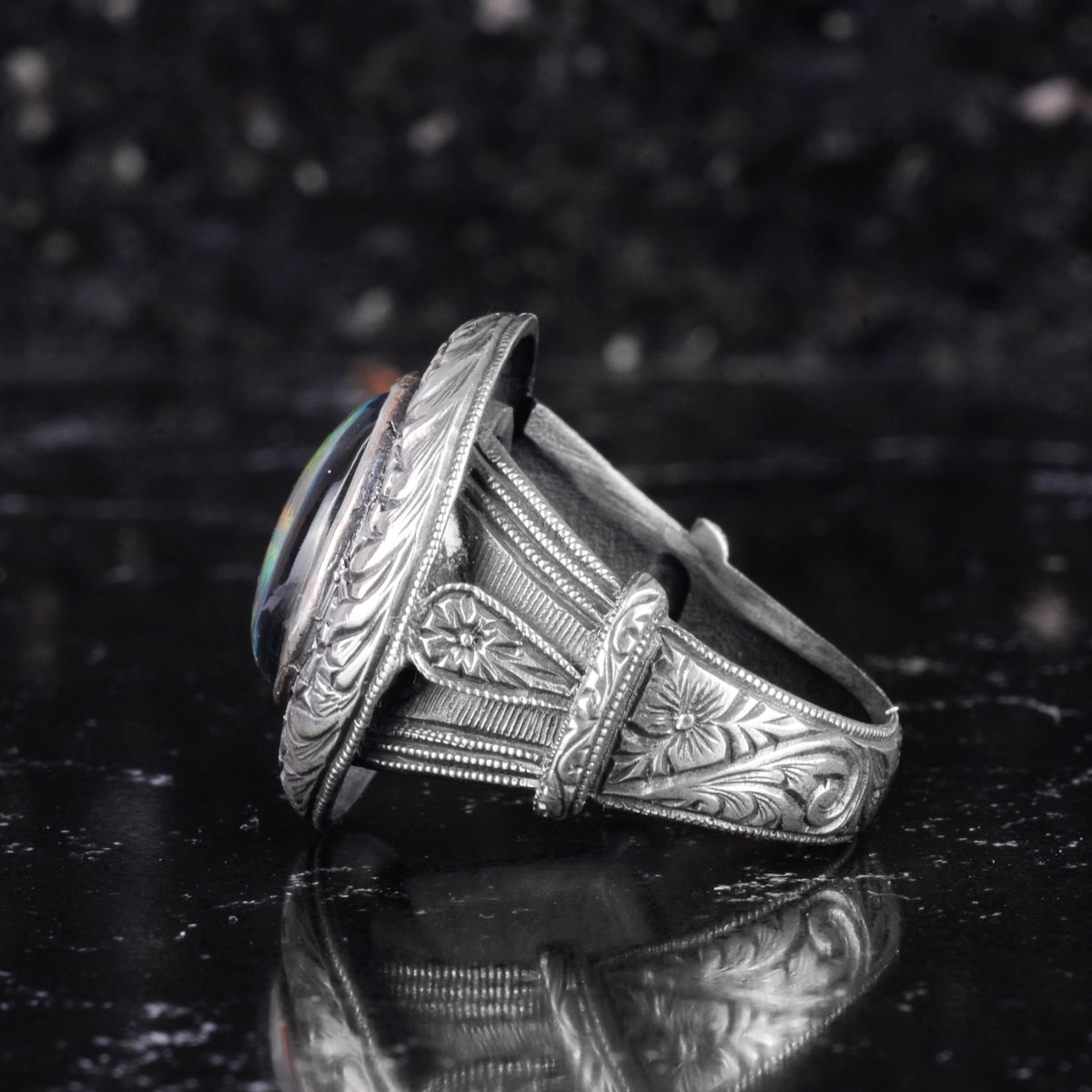 KAMBO Certified Design Opal Men's Ring – Multicolored Fire Opal 925 Sterling Silver Statement Ring – Handmade Bold Design — 8