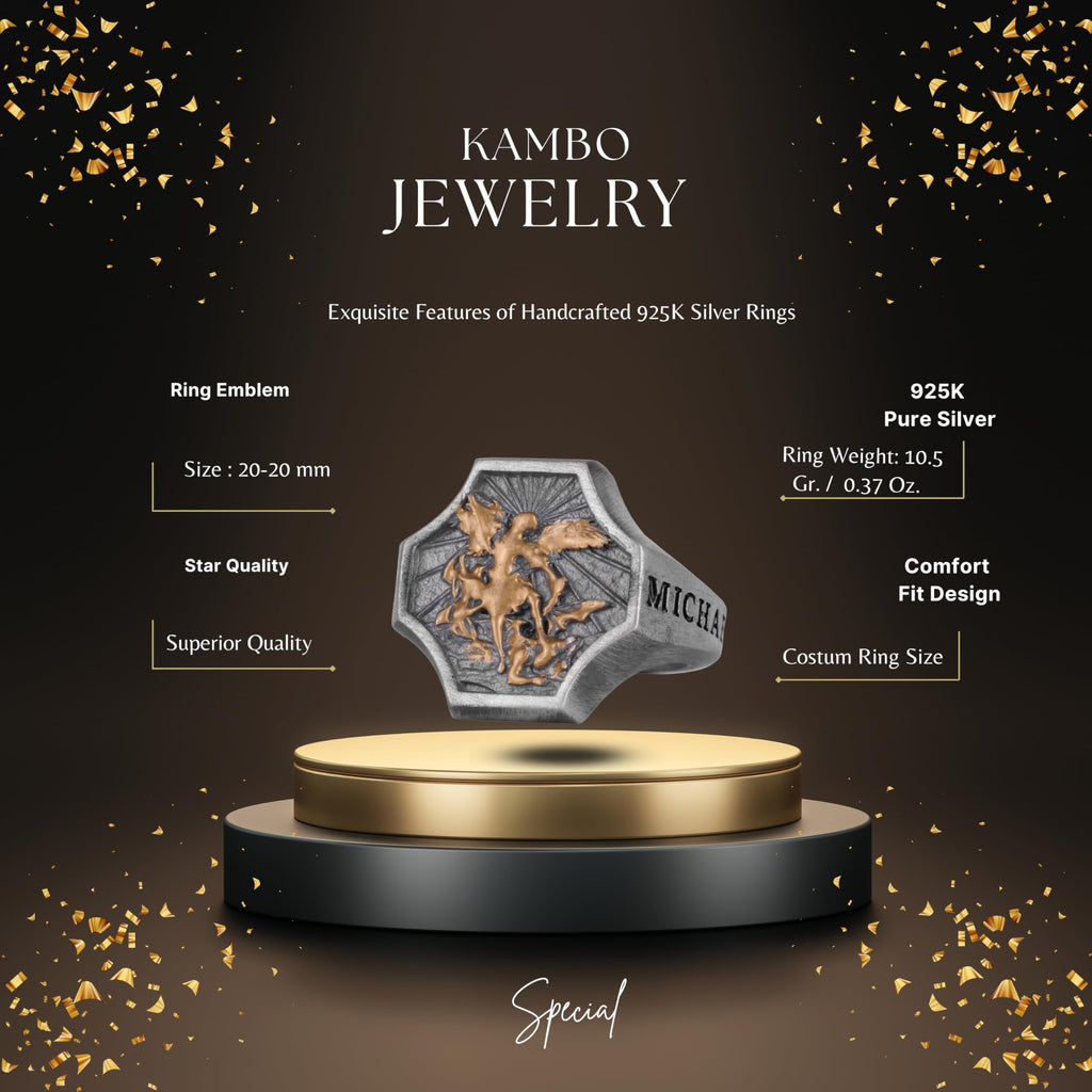 KAMBO St. Michael Archangel Men's Ring – 925 Sterling Silver Gold Plated Design – Handmade Religious Protection Jewelry – Octagonal Shield Statement Ring — 2