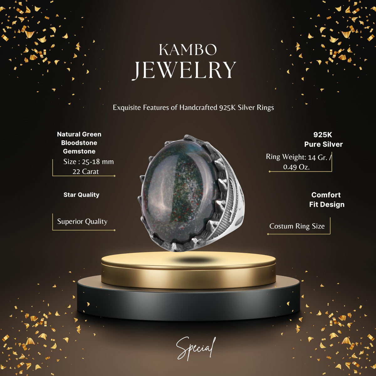 KAMBO Natural Stone Men's Large Ring – 925 Sterling Silver Ottoman Sword Motif Signet Ring (Green Bloodstone) — 2