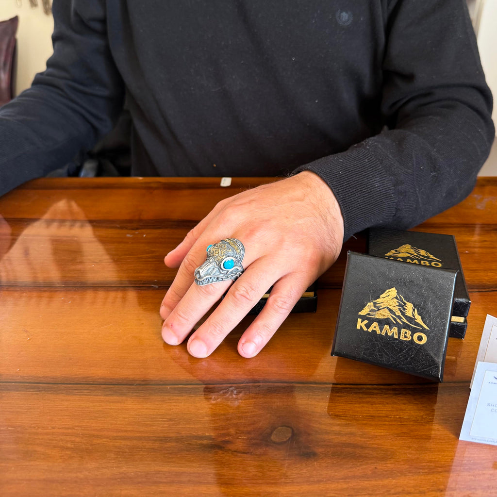 KAMBO 925 Sterling Silver Gold Plated Natural Stone Men's Dragon Ring – Large Statement Ring (Turquoise) — 3