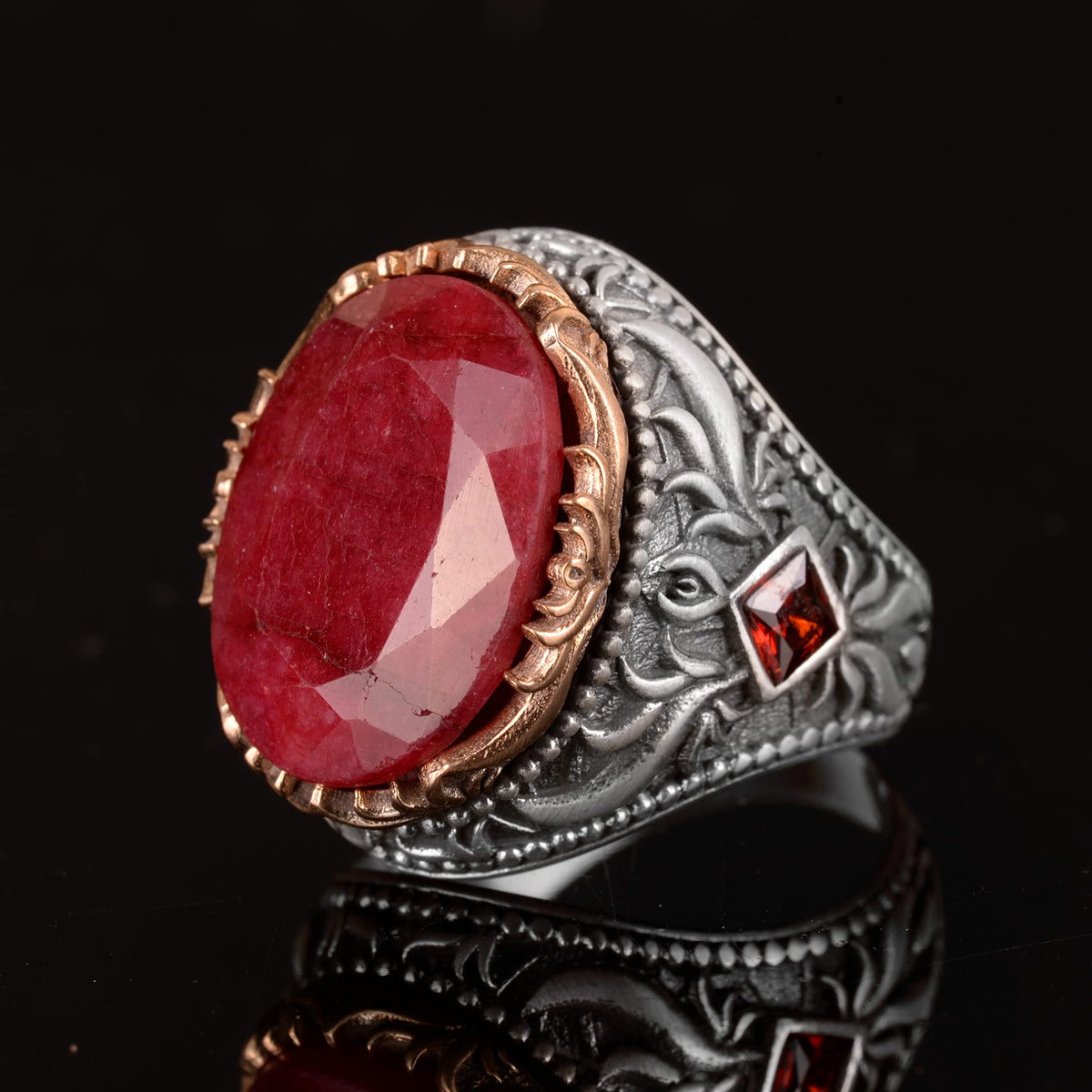 925 Sterling Silver Men's Ring, Natural Ruby Stone Ring — 4