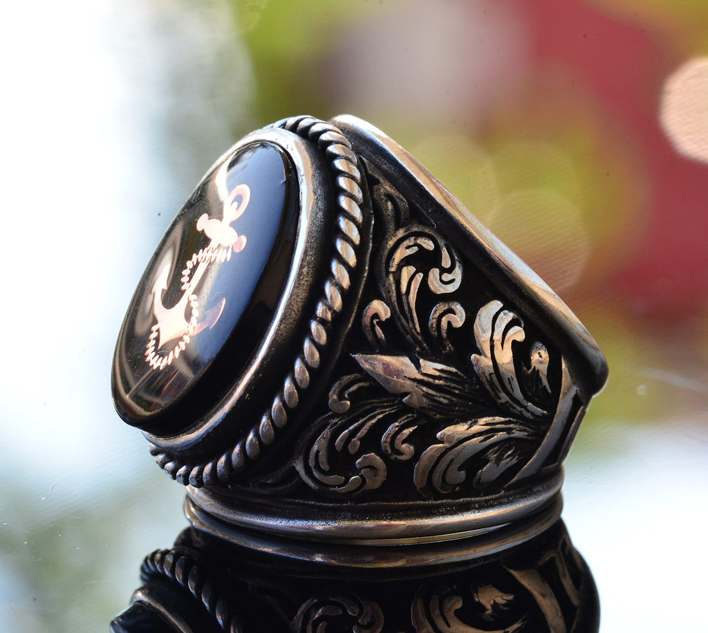 925 Sterling Silver Large Men's Ring with Lily Pattern - Ship Anchor Nautical Ring — 4