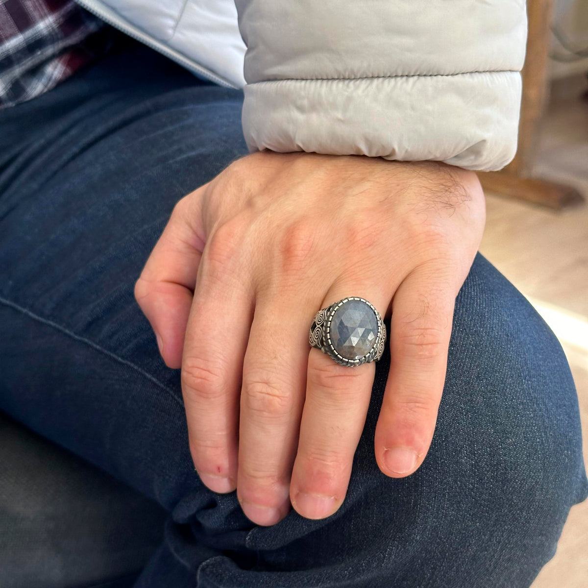 Sapphire Natural Stone Ring, 925 Sterling Silver Men's Ring, Blue Sapphire Stone Silver Ring — 2