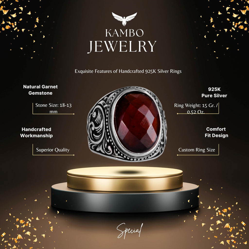 Handmade Garnet Stone Ring - 925 Sterling Silver Men's Ring — 2