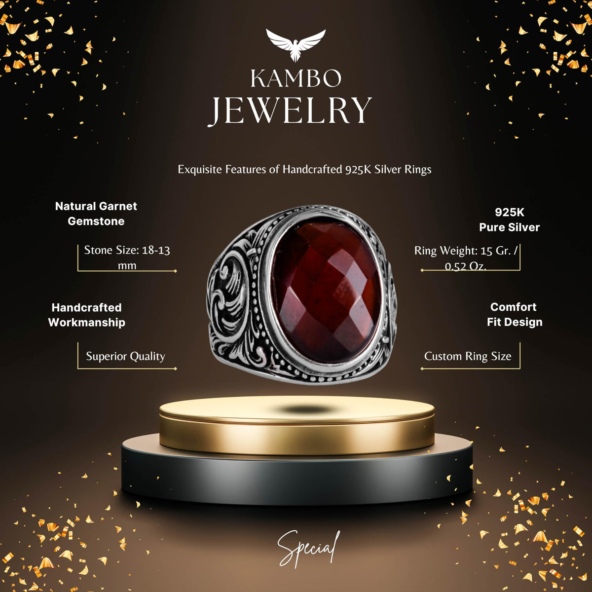 Handmade Garnet Stone Ring - 925 Sterling Silver Men's Ring — 2