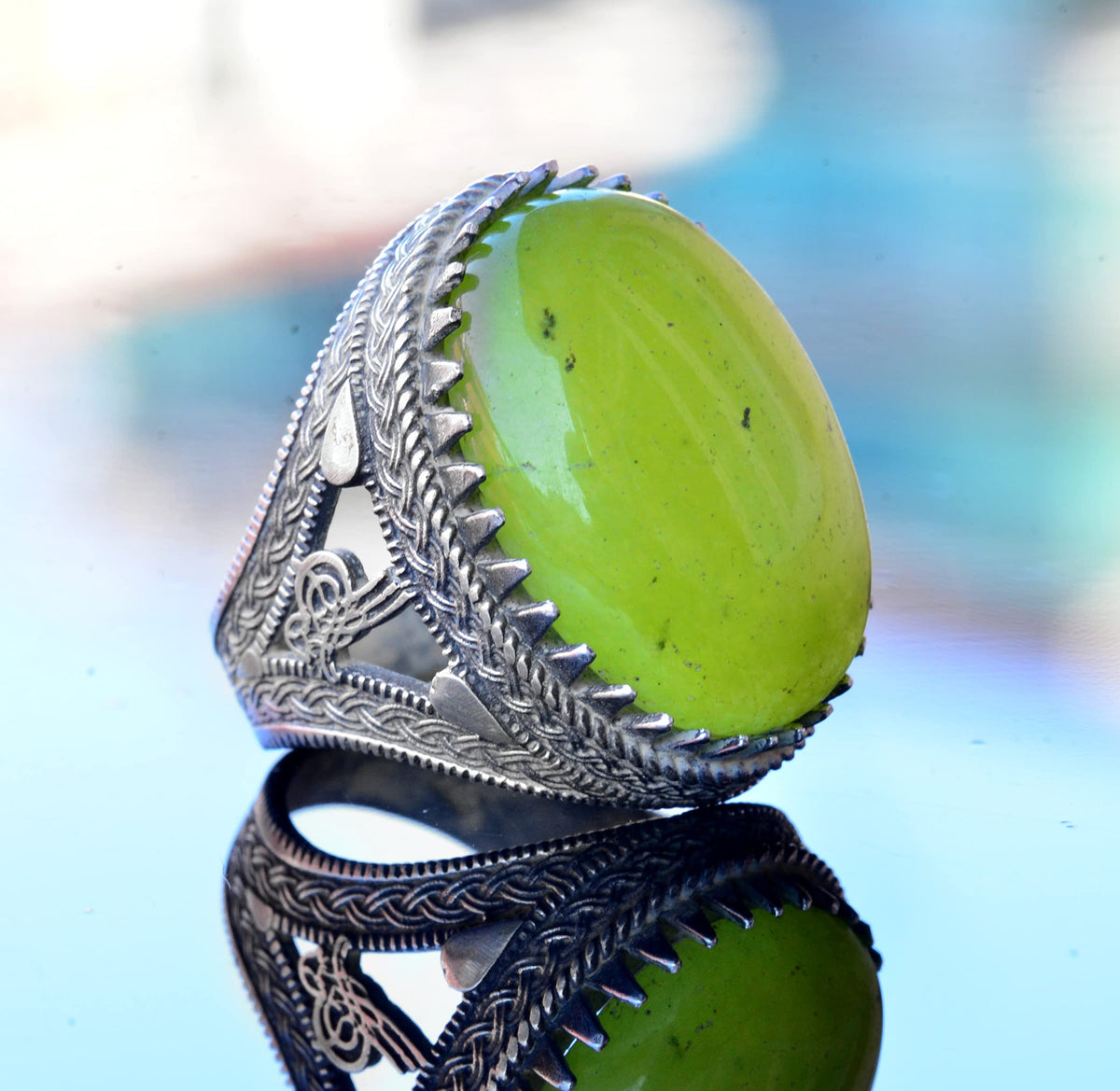 KAMBO Handmade 925 Sterling Silver Jade Gemstone Men's Ring, Serenity and Harmony Design, Vintage Statement Cocktail Rin