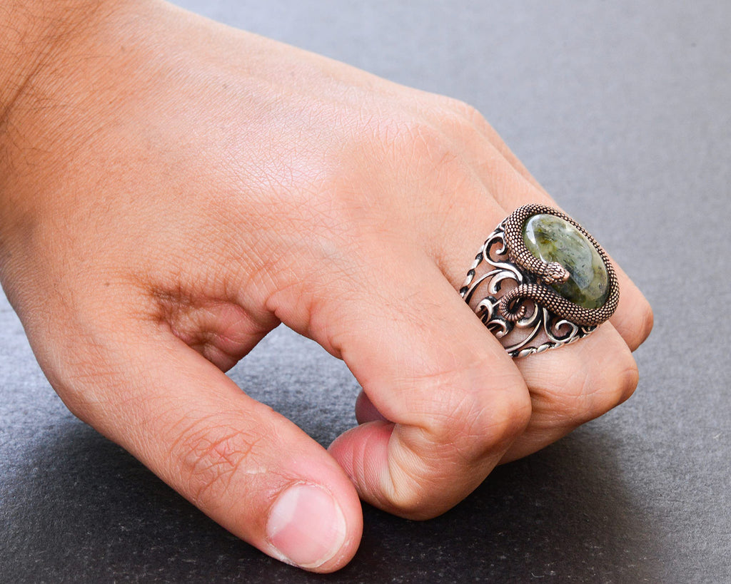 925 Sterling Silver Men's Ring - Natural Prehnite Stone — 7