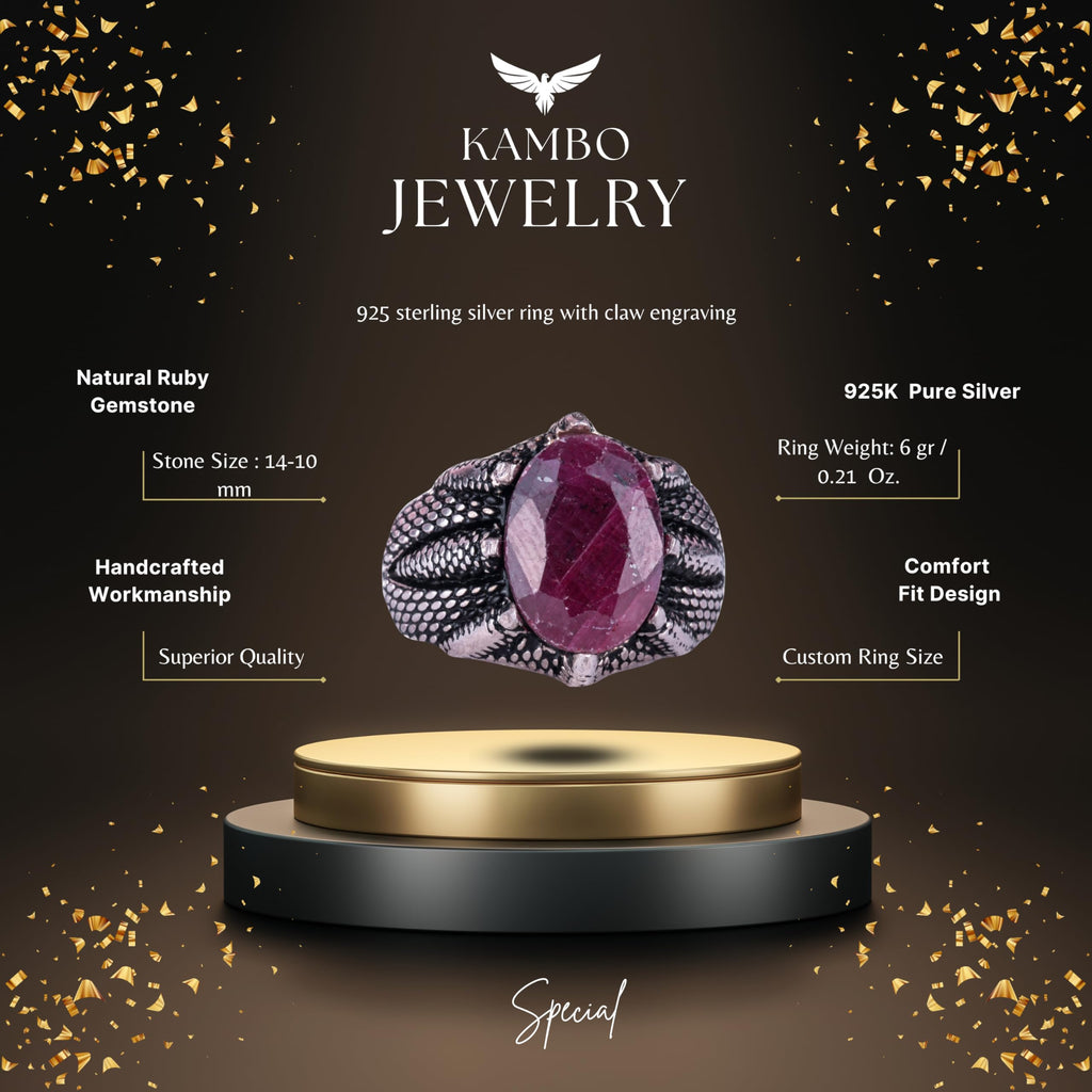 Silver Claw Ring with Natural Red Ruby Stone — 2