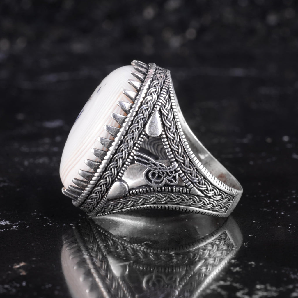 KAMBO Natural Yemen Agate Stone Men's Ring – 925 Sterling Silver Large Statement Ring – Handmade Ottoman Tugra Design Jewelry (Style-3) — 6