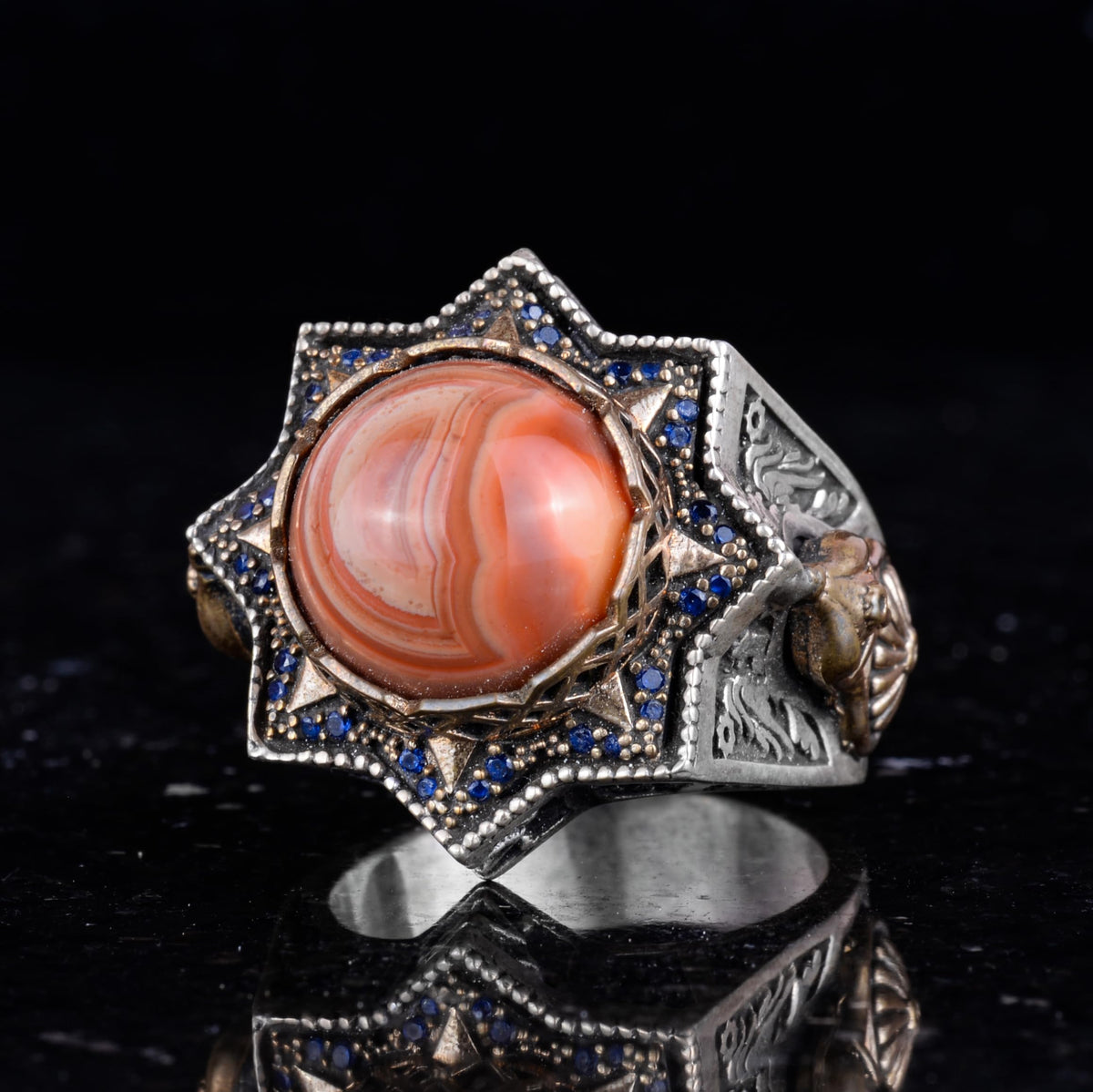 Silver Agate Stone Ring, Natural Red Agate Men's Ring, Vintage Star Design — 4