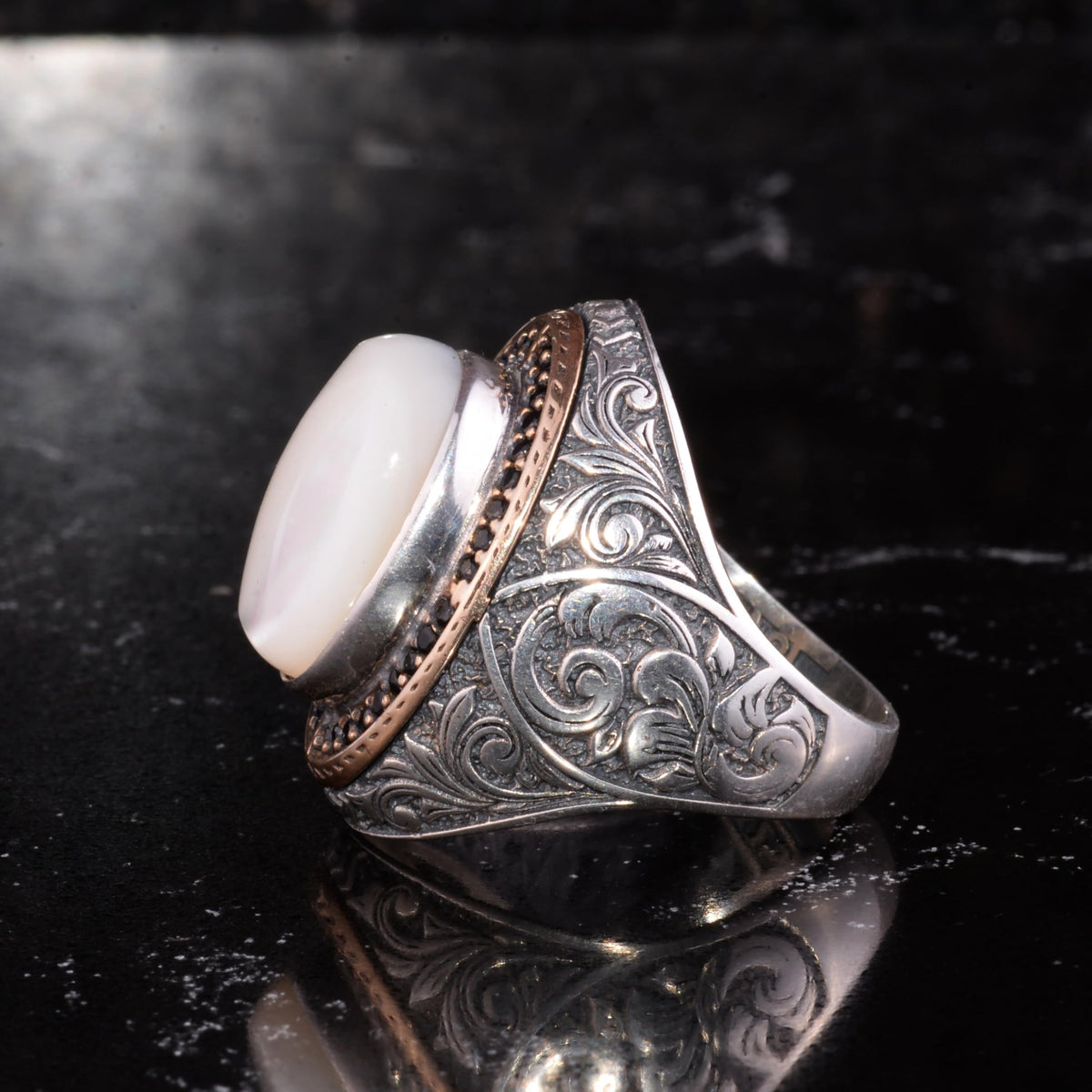 Men's Natural Stone Large Ring – Oval Stone Vintage Byzantine Engraved Statement Ring - Antique Filigree 925 Sterling Silver Jewelry (Pearl-1) — 6