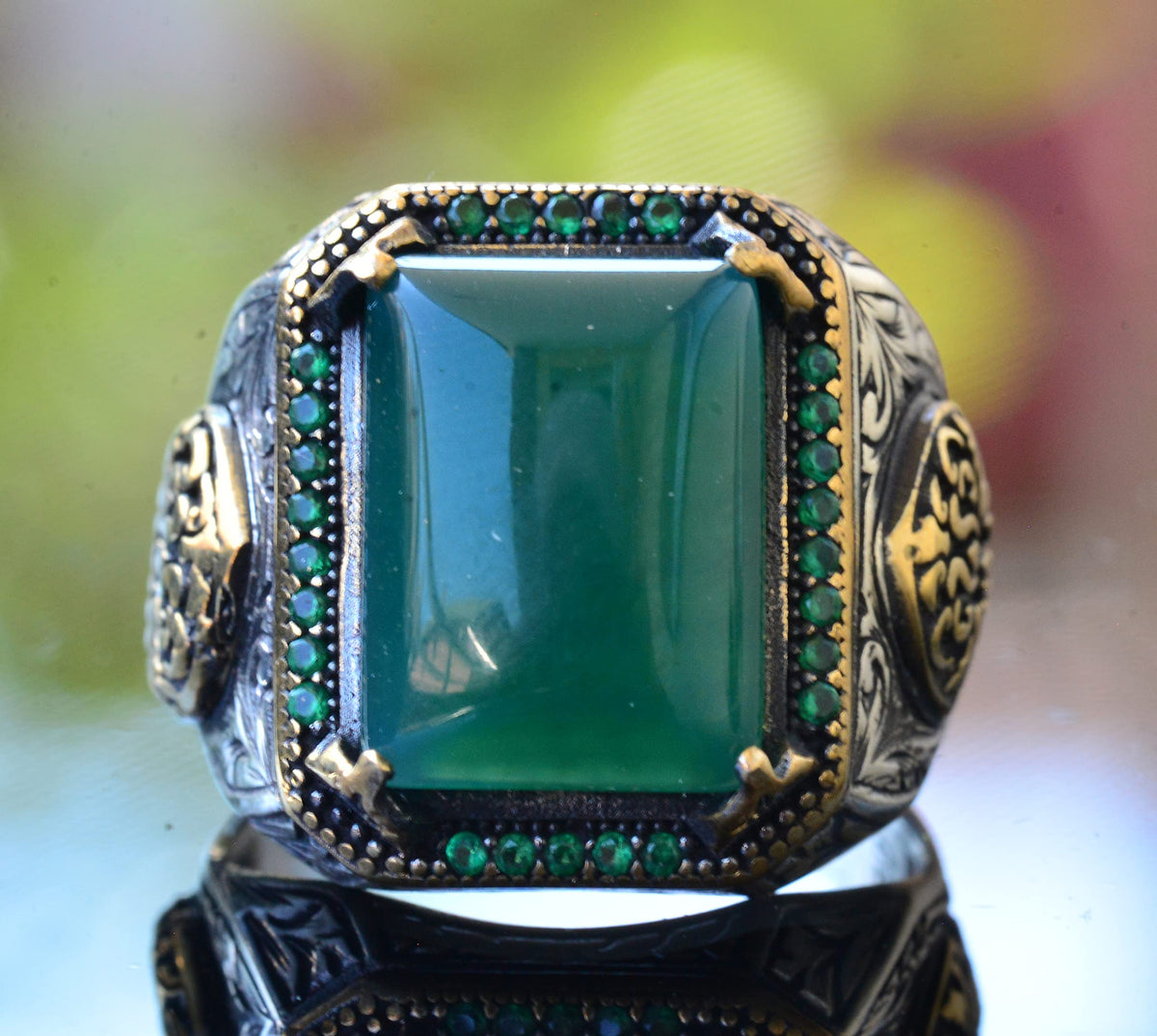 Natural Green Jade Stone Silver Men's Ring, Byzantine Empire Ring — 4