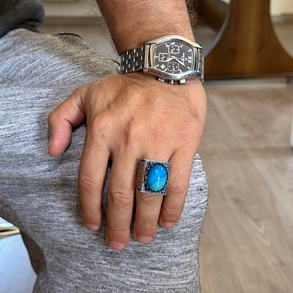 Natural Blue Agate Stone Ring - 925 Sterling Silver Islamic Ring — 3