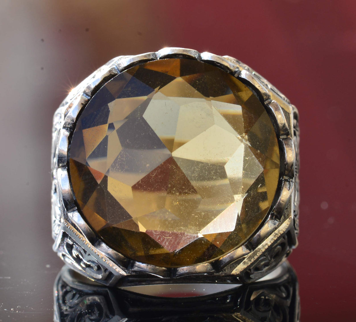 KAMBO Men's Handmade 925 Sterling Silver Ring with Created Round Smoky Topaz Stone, Vintage Byzantium Design, Statement 