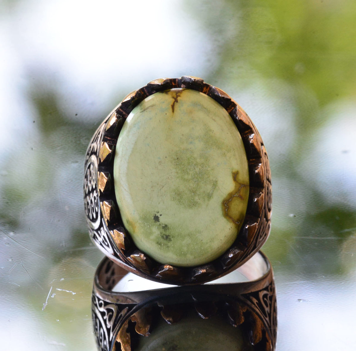 Natural Green Turquoise Ring, Silver Green Turquoise Ring, 925 Sterling Silver Men's Ring, Large Ring — 5