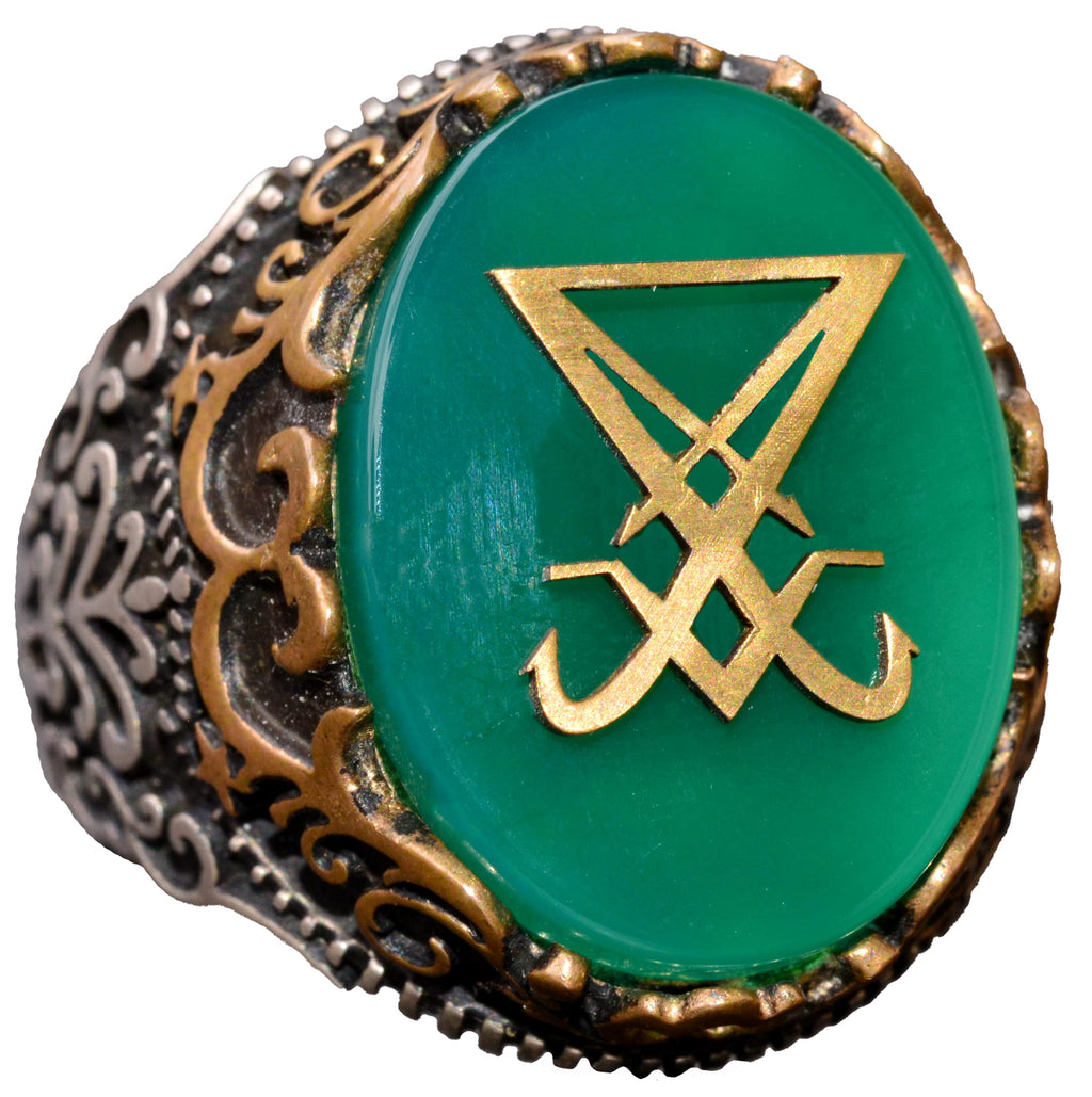 Kambo Handcrafted Silver Men's Ring - Green Synthetic Stone Lucifer Symbol, Bold and Unique Design