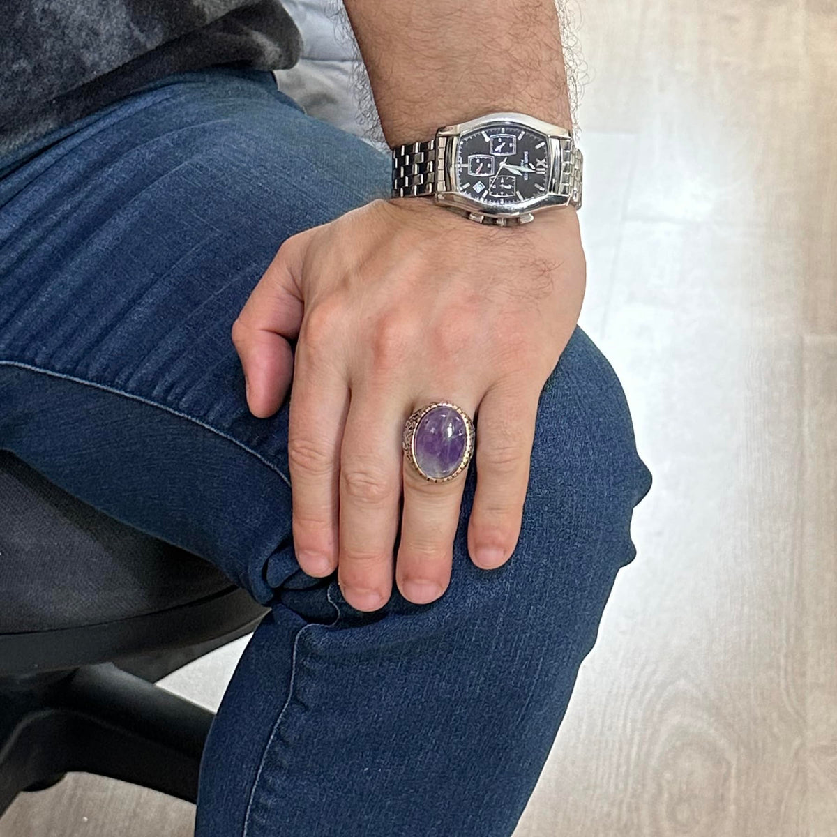 925 Sterling Silver Men's Ring, Natural Amethyst Stone Ring — 2