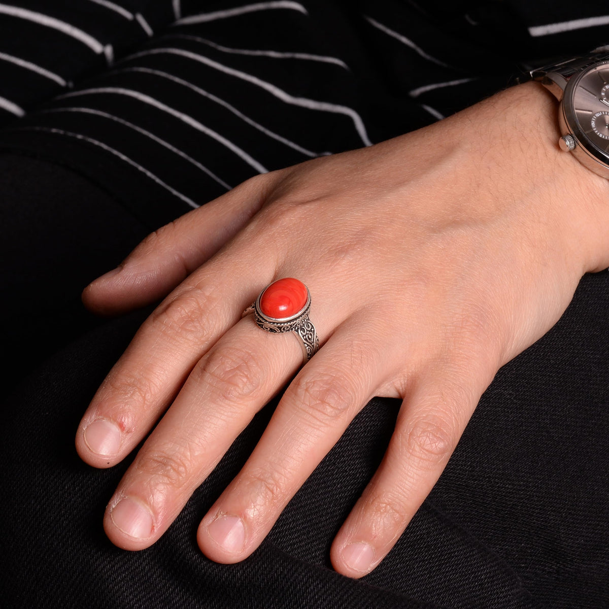 925 Sterling Silver Men's Ring, Natural Stone Ring, Red Coral Stone, Silver Jewelry, Coral Stone Ring — 3