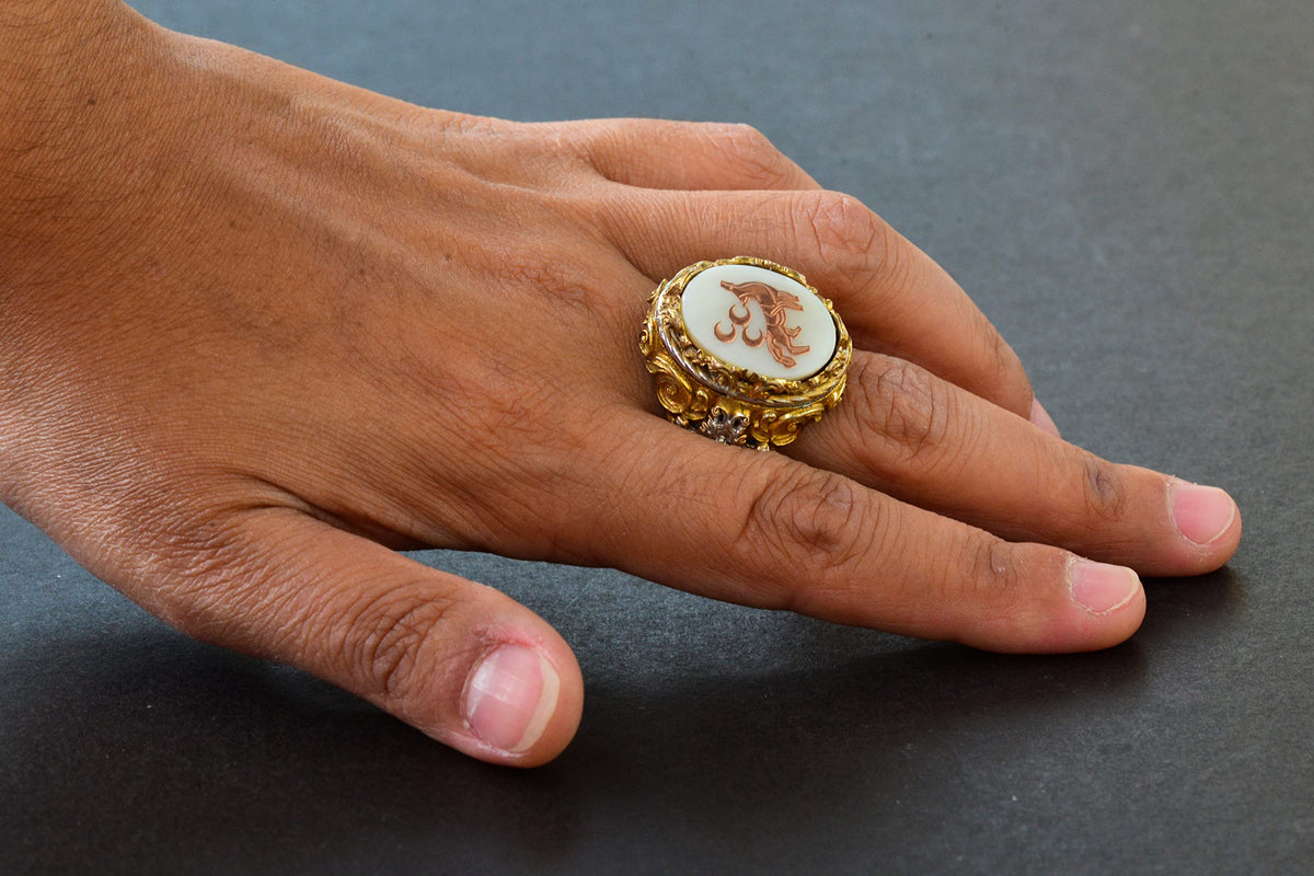 Men's Silver Ring - Natural Mother of Pearl Stone - Wolf Design — 6