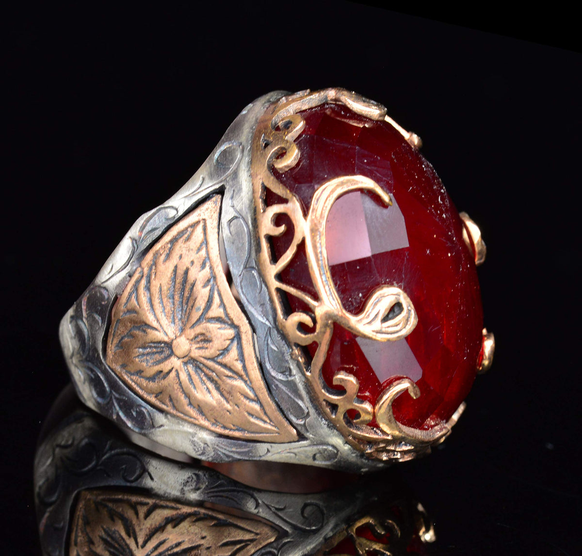 KAMBO Eastern Pattern 925 Sterling Silver Men's Ring - Synthetic Garnet Stone Vav Ring — 4