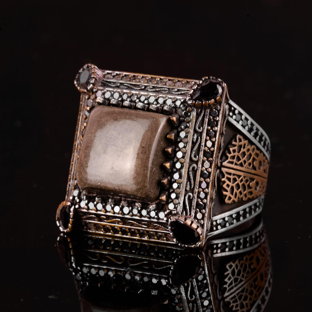 Sultan Ring - Natural Pyrite Stone, 925 Sterling Silver Men's Ring — 6
