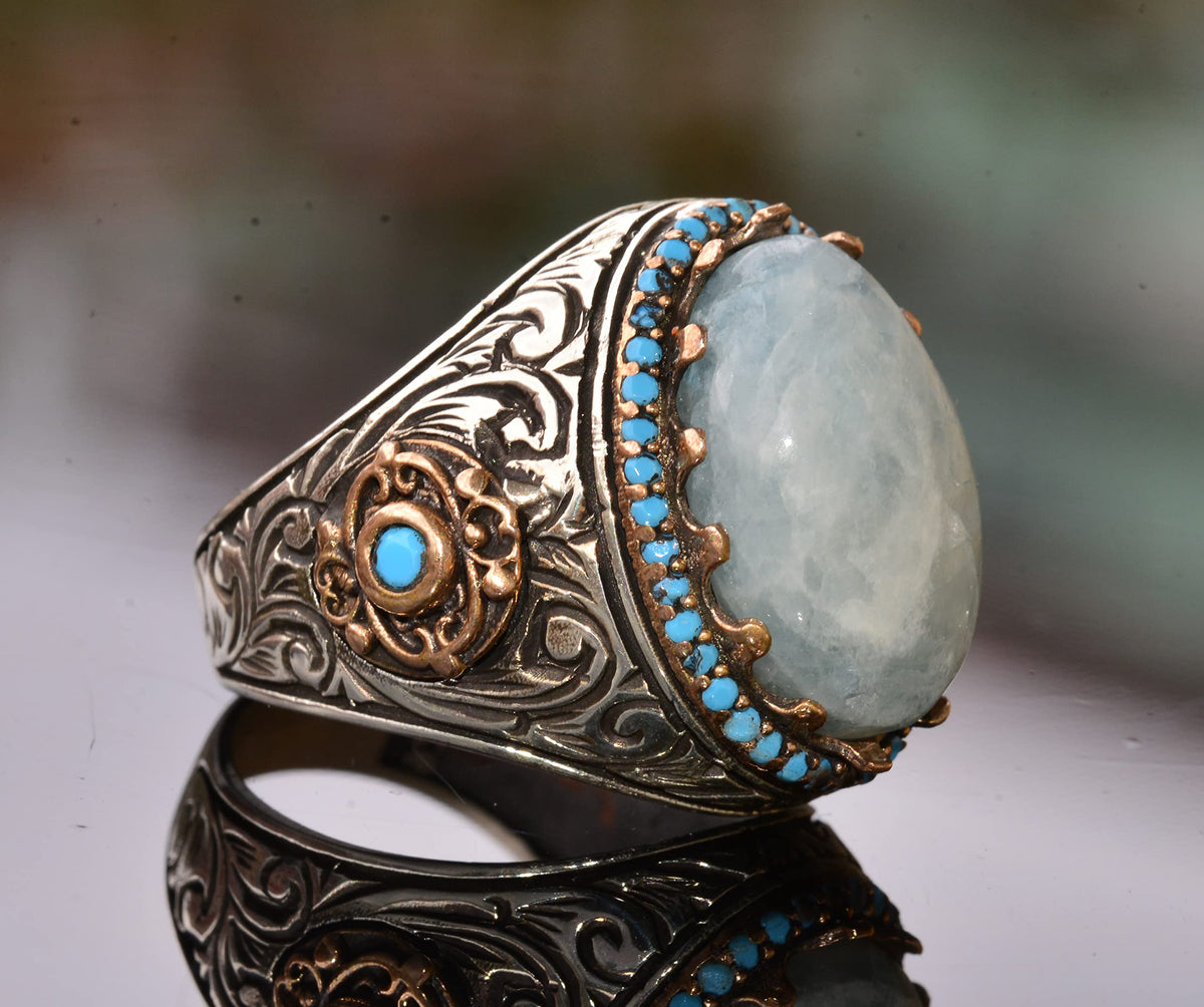 KAMBO Handmade 925 Sterling Silver Larimar Gemstone King Ring for Men, Vintage Art Deco Statement Jewelry, Natural Blue 