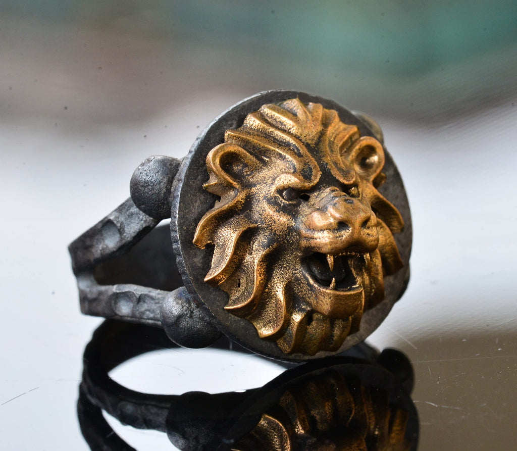 Lion Bronze Piece Men's Statement Ring, Sterling Silver Ring For Men, Handmade Ring