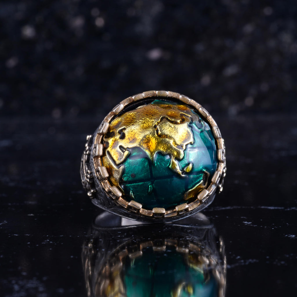 KAMBO 925 Sterling Silver World Map Designed Men's Ring Bronze Details Handmade Green Stone Statement Ring — 4